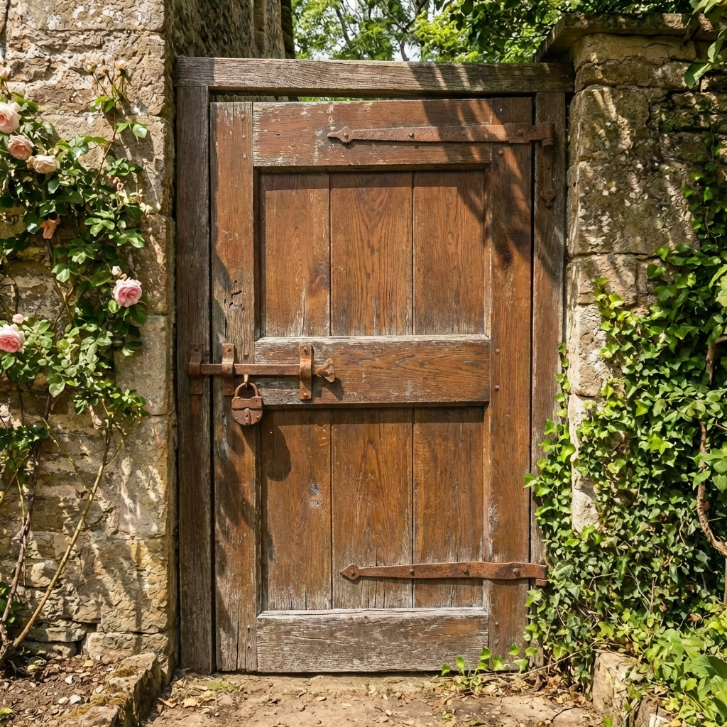 Weathered wooden door with iron hardware and a padlock set in a stone wall.